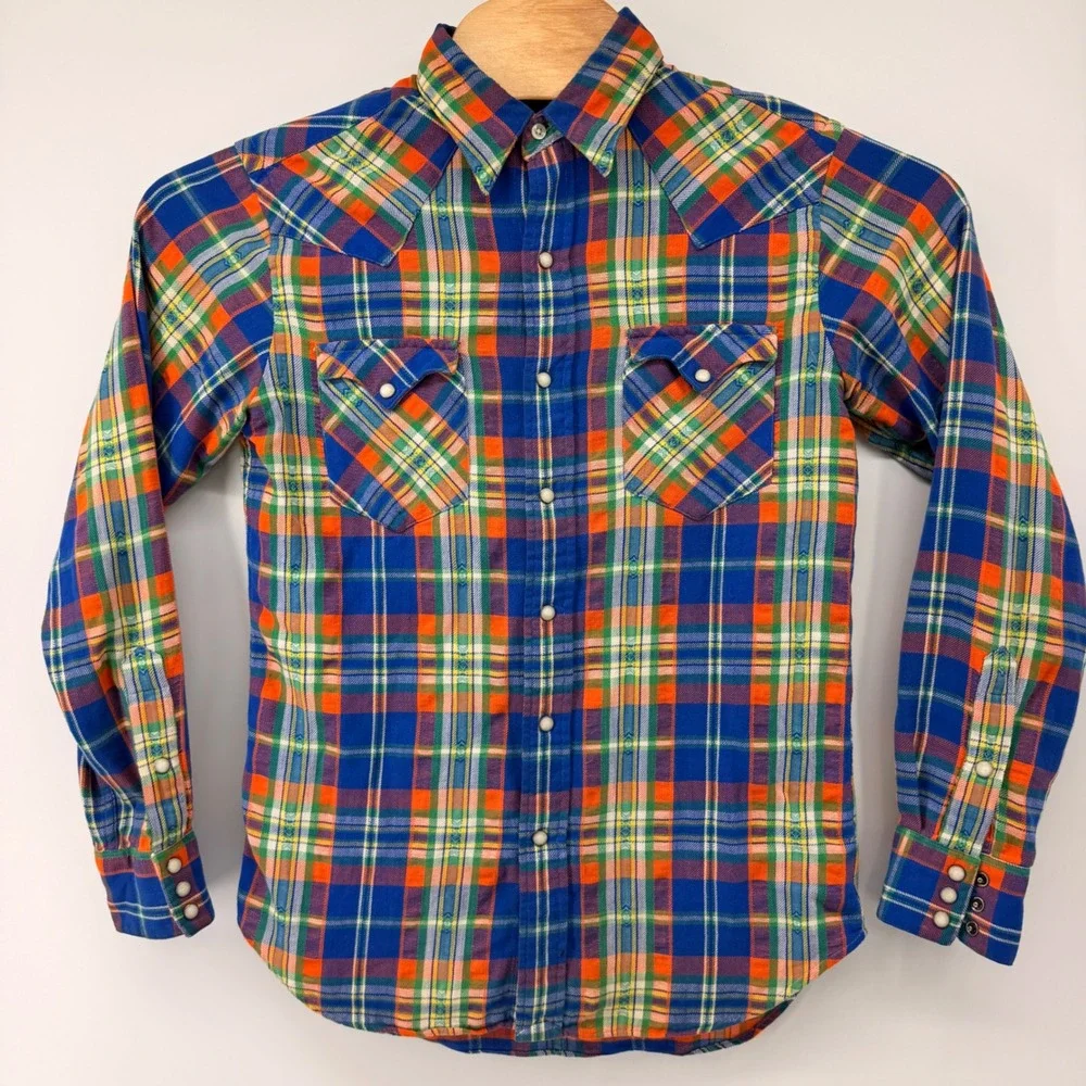 Polo Ralph Lauren Western Shirt Mens‎ Small Blue Orange Plaid Pearl Snap Cotton